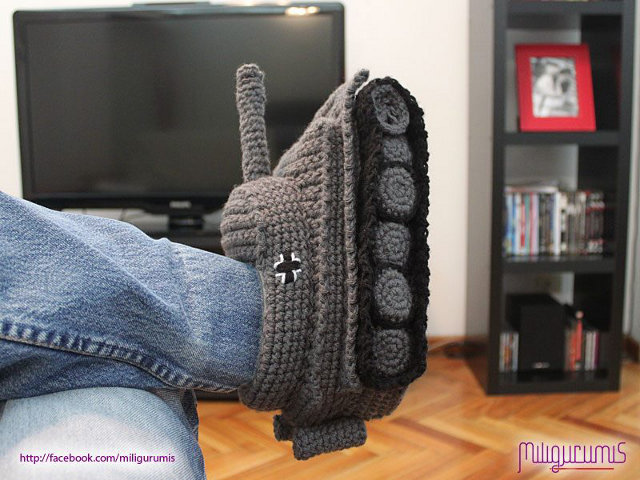 Crocheted Slippers Go Panzer Tank On Your Feet