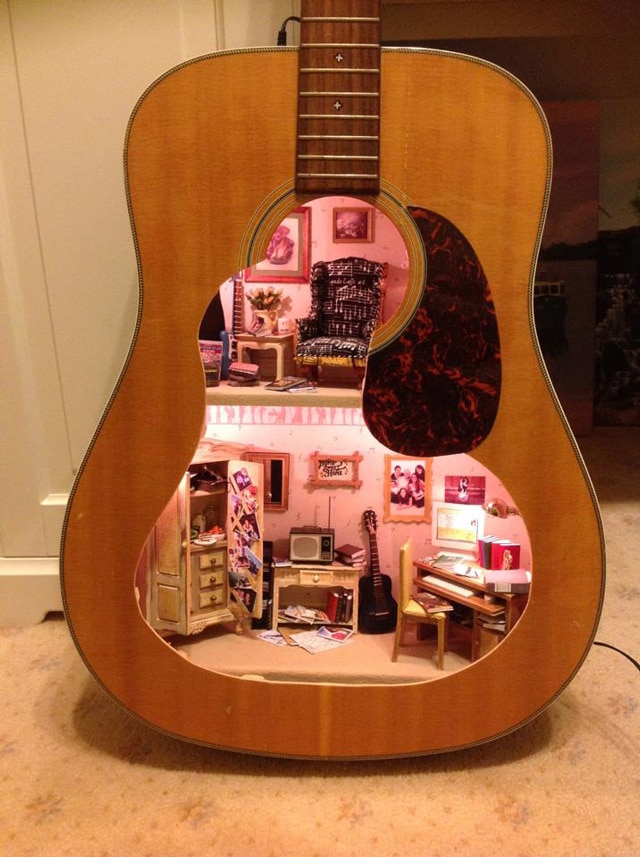 Miniature Dollhouse Built Inside An Acoustic Guitar