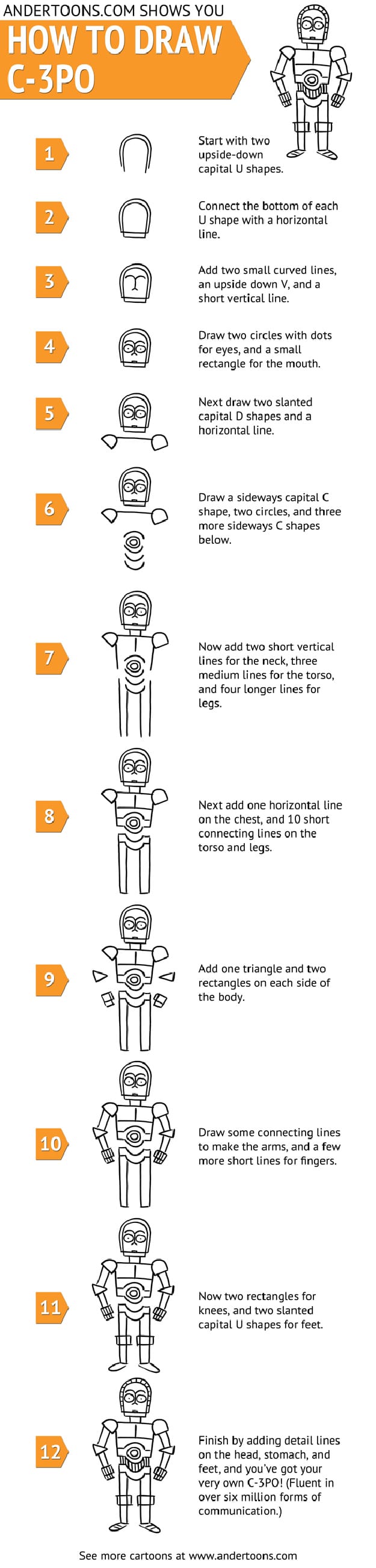 How To: Doodle A Cartoon C-3PO In 12 Simple Steps [Chart]