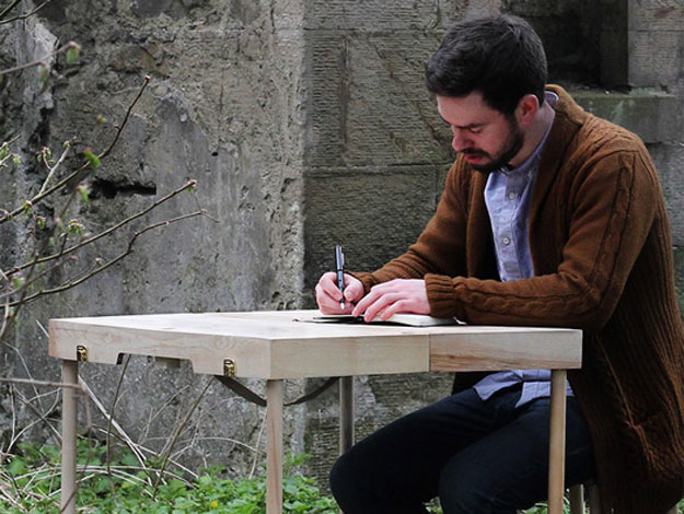 Small Suitcase Transforms Into An Office Desk With Two Stools & A Lamp