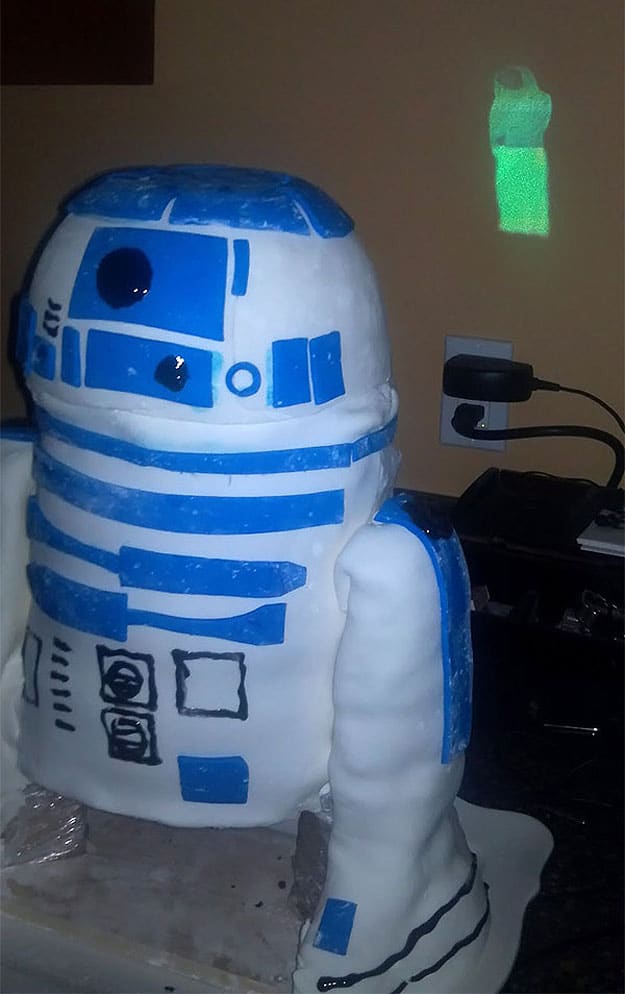 R2-D2 Cake Plays The Leia Hologram As A Movie Projection On The Wall