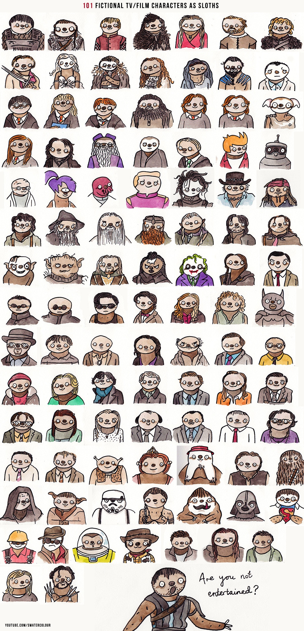 101 Geeky Movie And TV Characters Hand Painted As Mini Sloths [Chart]