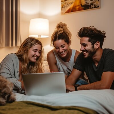 Young Adults Together Bed Laptop Games